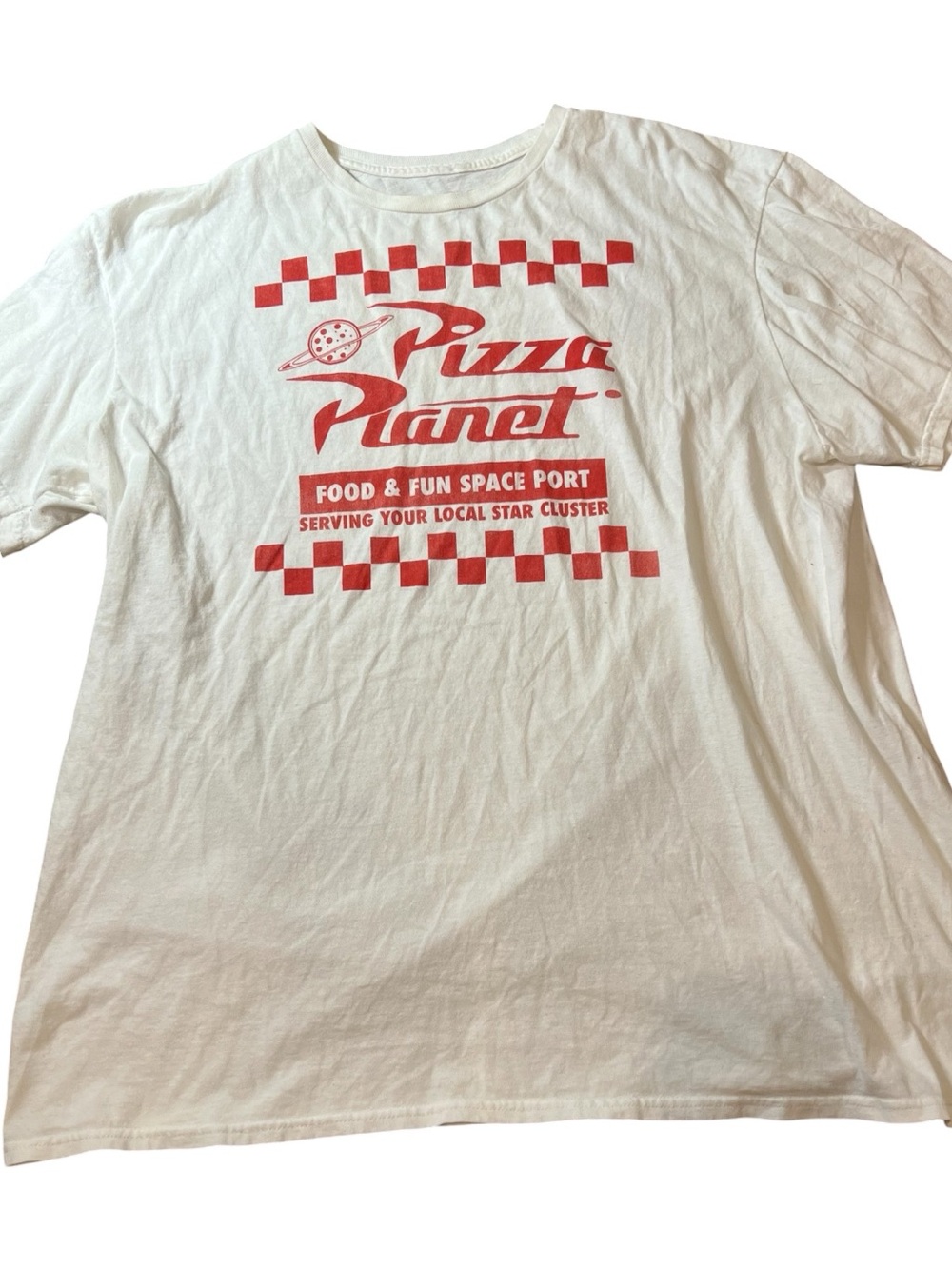 Pizza Planet Graphic Tee in White with Red Logo